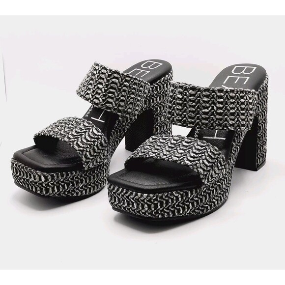 BEACH by Matisse Vegan Gem Platform Block Heels Black Double Strap Sandals  5.5 - Picture 1 of 9
